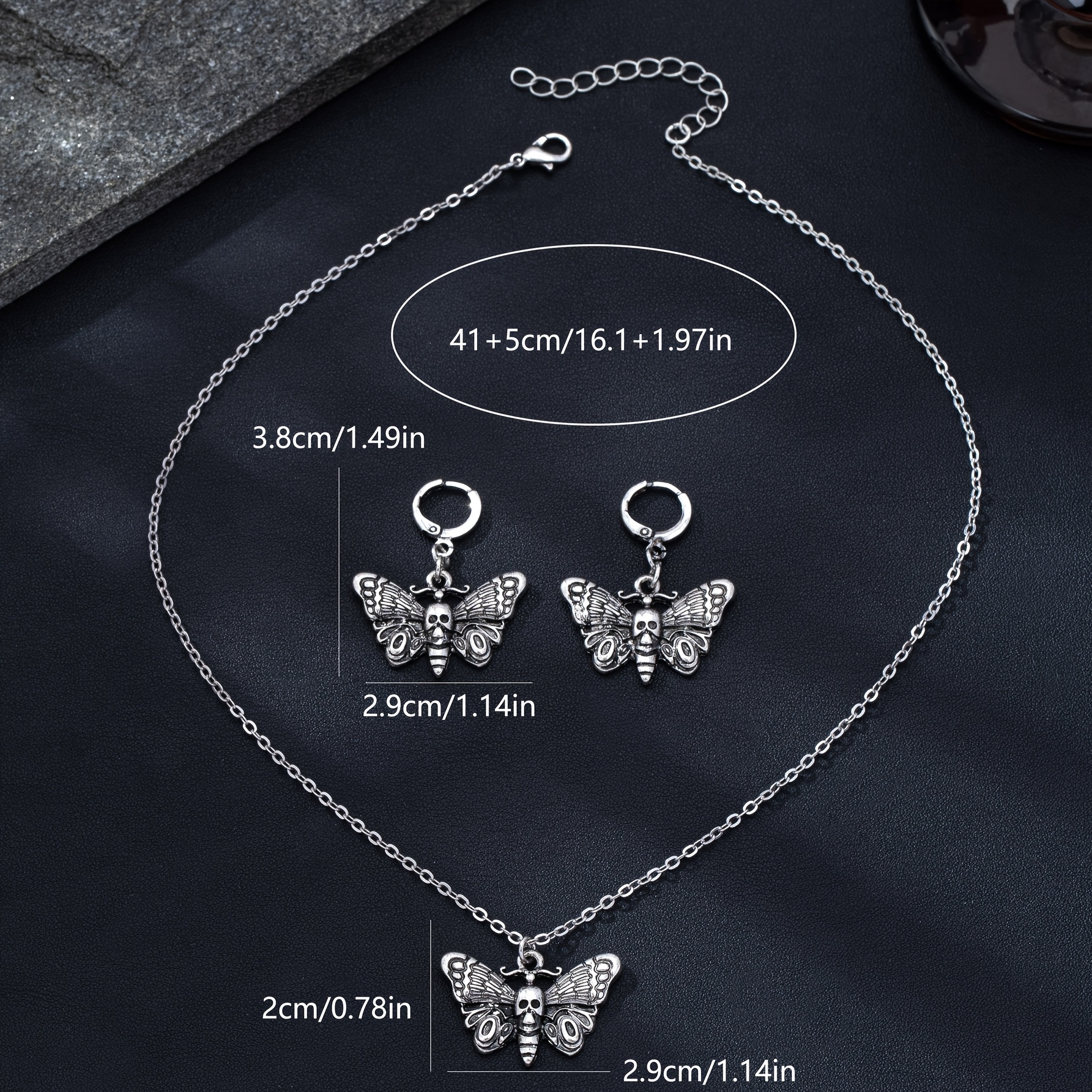 Retro Dark Gothic Skull Butterfly Pendant Necklace & Earring Set